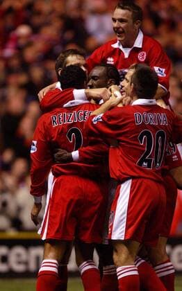 Torjubel Middlesbrough v.li.: Michael Reiziger (vorn), Mark Viduka, Jimmy Floyd Hasselbaink, Anthony McMahon (oben), Colin Cooper und Guidoni Junior Doriva Fußball Herren English Premier League 2004 2005, 1. Englische Liga, FC Middlesbrough, Vdig Gruppe Middlesbrough Freude,