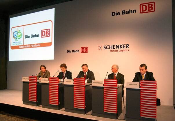 Die Deutsche Bahn wird bei der WM 2006 Nationaler Förderer, v.re. OK Vizepräsident Wolfgang Niersbach, OK Präsident Franz Beckenbauer, Hartmut Mehdorn (Vorstandsvorsitzender Deutsche Bahn AG), Ralf Klein Bölting (Generalbevollmächtigter ... Fußball WM Herren Vorschau 2004 Weltmeisterschaft 2006, Pressetermin, Funktionär, Funktionäre, Organisationskomitee Gruppe Pressekonferenz Berlin