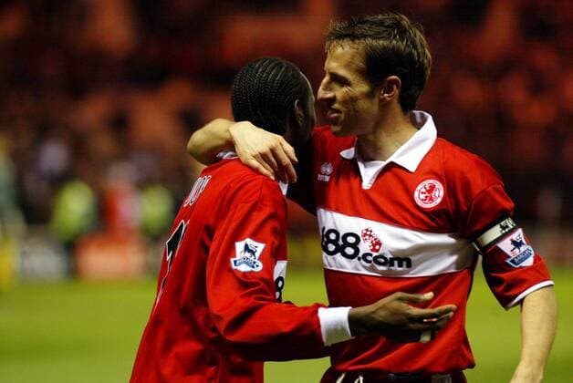Gareth Southgate (re.) und Joseph Desire Job (beide Middlesbrough) - Torjubel Fußball Herren English Premier League 2004 2005, 1. Englische Liga, FC Middlesbrough, Vdig Gruppe Middlesbrough Freude,