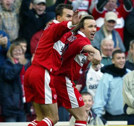 Torschütze Boudewijn Zenden (re.) jubelt mit Szilard Nemeth (beide Middlesbrough) Fußball Herren English Premier League 2004 2005, 1. Englische Liga, FC Middlesbrough, Vdig Gruppe Middlesbrough Freude, Begeisterung,