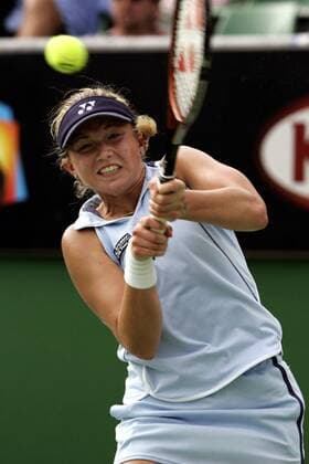 Michaella Krajicek (Niederlande) - beidhändige Rückhand Tennis Damen Australian Open 2005, Grand Slam, WTA Tour Einzelbild Melbourne Dynamik,