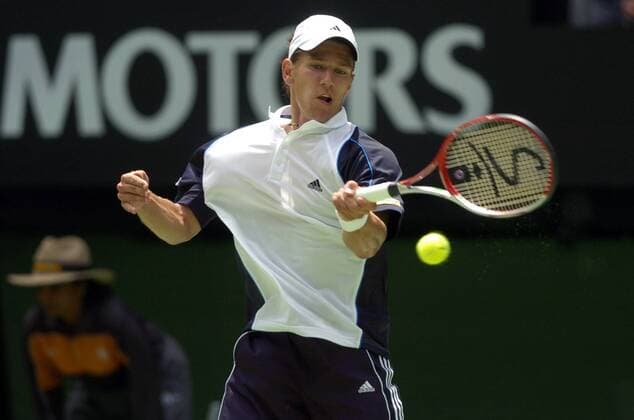 Jürgen Melzer (Österreich) - Vorhand Tennis Herren Australian Open 2005, ATP Tour, Grand Slam, Vdig Einzelbild Melbourne