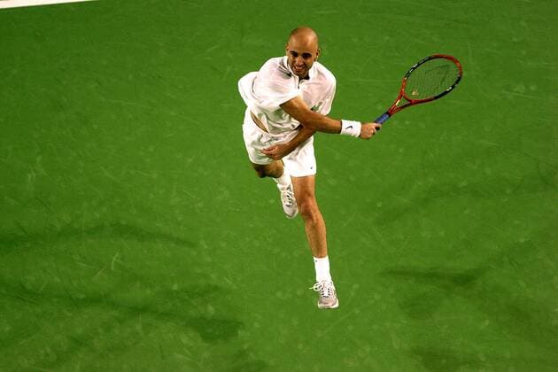 Andre Agassi (USA) - Aufschlag Tennis Herren Australian Open 2005, Grand Slam, ATP-Tour, Hartplatz, Hardcourt, Hartplatztennis, Hartplatzturnier Einzelbild Melbourne Dynamik,