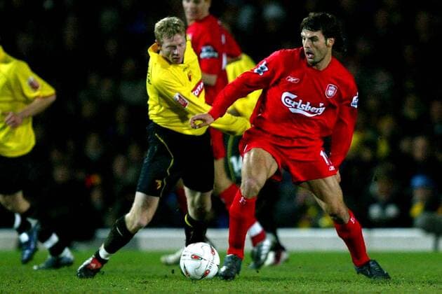 Brynjar Gunnarsson (li., Watford) gegen Fernando Morientes (Liverpool) - !! Fußball Herren Carling Cup 2004 2005, English Premier League, 1. Englische Liga, Englischer Ligapokal, Pokalspiel Gruppe Watford Dynamik,