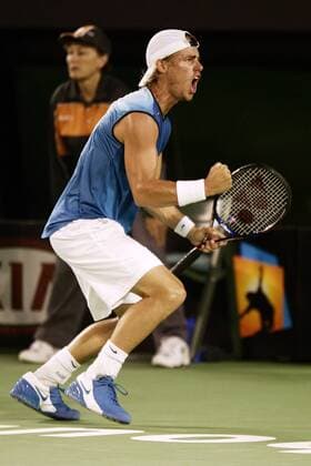 Lleyton Hewitt (Australien) - Jubelschrei Tennis Herren Australian Open 2005, Grand Slam, ATP-Tour, Hartplatz, Hardcourt, Hartplatztennis, Hartplatzturnier Einzelbild Melbourne Glück, Freude, Begeisterung,