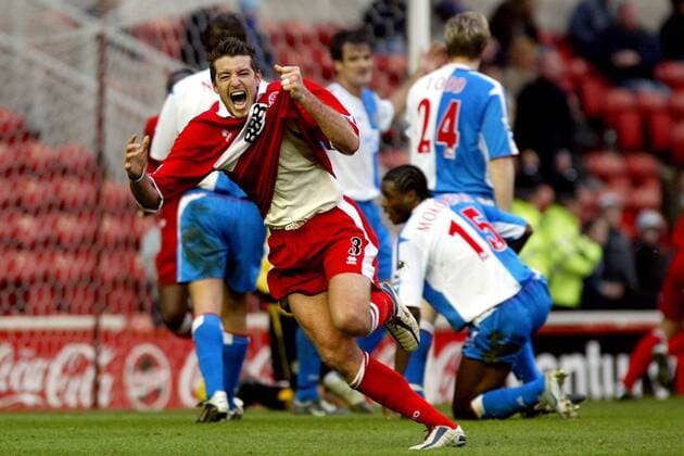 Franck Queudrue (Middlesbrough) - Torjubel - !! Fußball Herren English Premier League 2004 2005, 1. Englische Liga, FC Middlesbrough - Blackburn Rovers 1:0, Vdig Einzelbild Middlesbrough Freude, Begeisterung,