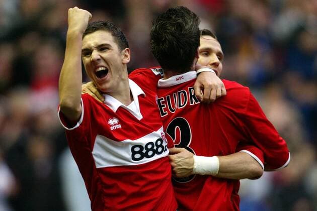 Stewart Downing (li.) und Franck Queudrue (Middlesbrough) - Torjubel - !! Fußball Herren English Premier League 2004 2005, 1. Englische Liga, FC Middlesbrough, Vdig Gruppe Middlesbrough Freude,
