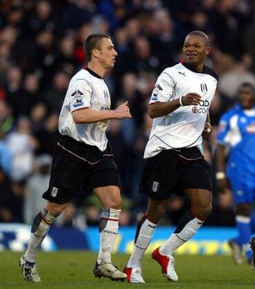 Collins John (re.) und Lee Clarke (beide Fulham) - Torjubel -  Fußball Herren FA Cup 2004 2005, Englischer Pokal, Pokalspiel, FC Fulham, Vdig Gruppe London Freude,