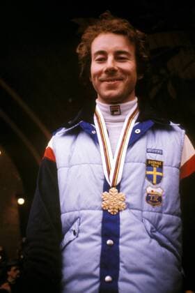 Ingemar Stenmark (Schweden) mit seiner Goldmedaille im Riesenslalom Alpiner Skilauf WM Herren Weltmeisterschaft 1978, Ski Alpin, Skisport, Riesenslalom, Vdia Einzelbild Garmisch Partenkirchen Freude,