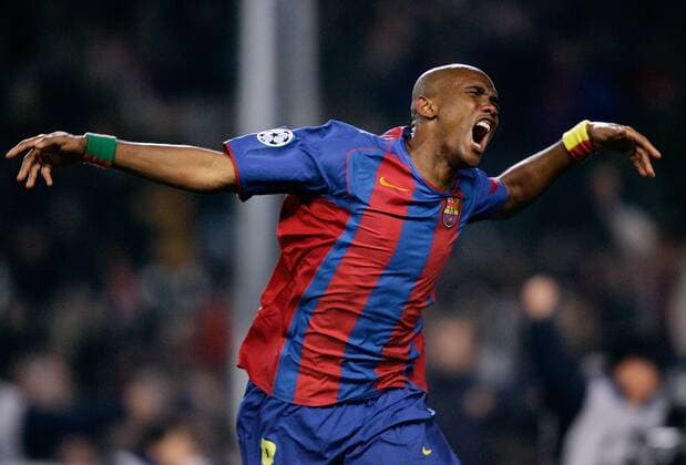 Samuel Etoo (FC Barcelona) - Torjubel -  Fußball EC 1 Herren Champions League 2004 2005, FC Barcelona, Barca, Barcelona Freude, Begeisterung,