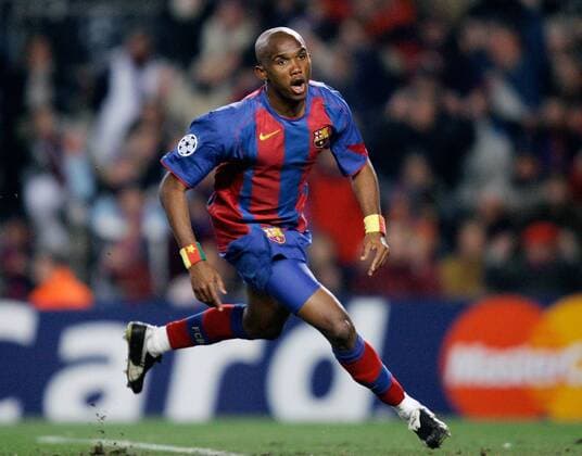 Samuel Etoo (FC Barcelona) - Torjubel -  Fußball EC 1 Herren Champions League 2004 2005, FC Barcelona, Barca, Einzelbild Barcelona Freude,