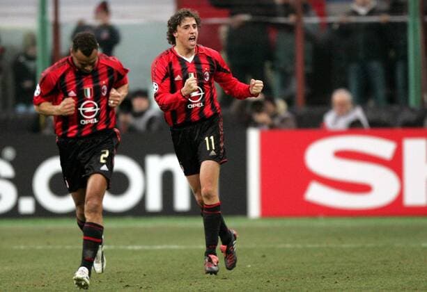 Hernan Crespo (re.) und Cafu (beide Milan) - Torjubel Fußball EC 1 Herren Champions League 2004 2005, Achtelfinale, AC Mailand, Gruppe pan8463 Mailand Freude,  
