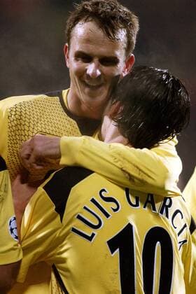Dietmar Hamann (li.) und Luis Garcia (beide Liverpool) - Torjubel Fußball EC 1 Herren Champions League 2004 2005, FC Liverpool Gruppe Leverkusen Freude,