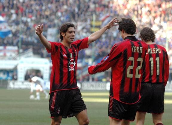 Rui Manuel Costa (li.) und Kaka (Mitte) - Torjubel, daneben Hernan Crespo (alle Milan) Fußball Herren Serie A 2004 2005, 1. Italienische Liga, AC Mailand Gruppe Mailand Freude,