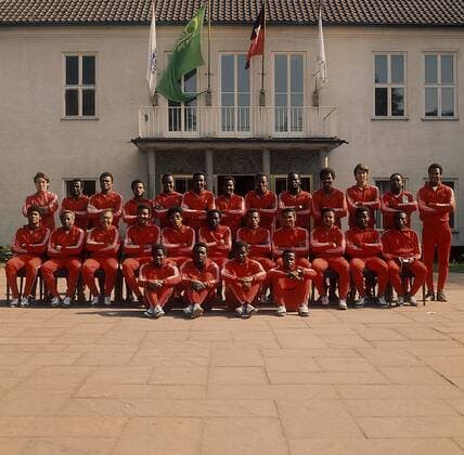 WM Kader Haiti mit: Nationaltrainer Antoine Tassy, Henry Francillon, Ewilner Piquant, Arsene Auguste, Fritz Andre, Serge Ducoste, Pierre Bayonne, Philippe Vorbe, Roosevelt Desir, Eddy Antoine, Guy Francois, Guy Saint Vil, Ernst Jean Joseph, Serge Racine Fußball WM Herren DEUTSCHSPRACHIGE SPORTZEITSCHRIFTEN UND -ZEITUNGEN NUR NACH RÜCKSPRACHE, Weltmeisterschaft 1974 Totale Mannschaftsbild, Mannschaftsfoto, Mfdia, quer, Trainer, Coach, Nationalcoach