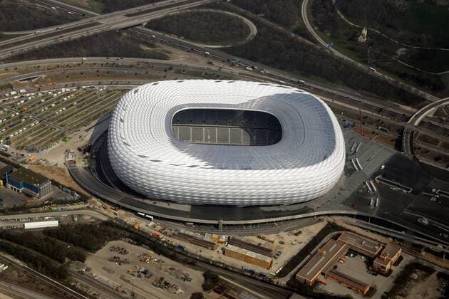 Luftbild der Allianz Arena, Heimspielstätte des FC Bayern und des TSV 1860 München Fußball Herren Saison 2004 2005, FC Bayern, TSV 1860 München, Neubau, Stadionneubau, Stadionbau, Baustelle, Bau Totale AllianzArena München Fröttmaning