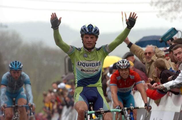 Danilo di Luca (Italien Liquigas Bianchi) als Sieger des Fleche Wallonne -  Radsport Herren ProTour 2005, Fleche Wallonne, Wallonischer Pfeil, Straßenradsport, Straße, Rad Einzelbild Wallone Freude,