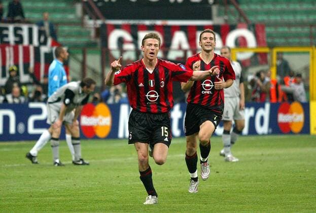 Torschütze Jon Dahl Tomasson (li.) und Andriy Shevchenko (beide Milan) - Torjubel Fußball EC 1 Herren Champions League 2004 2005, Halbfinale, AC Mailand Gruppe Mailand Freude,