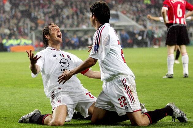 Massimo Ambrosini (li.) und Kaka (beide Milan) - Torjubel Fußball EC 1 Herren Champions League 2004 2005, AC Mailand Gruppe Halbfinale Eindhoven Begeisterung, Freude,