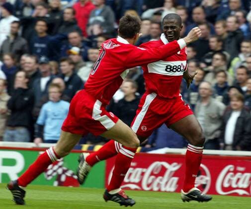 Torschütze George Boateng (re.) und Szilard Nemeth (beide Middlesbrough) - Torjubel -  Fußball Herren English Premier League 2004 2005, 1. Englische Liga, FC Middlesbrough, Vdig Gruppe Middlesbrough Freude, Begeisterung,
