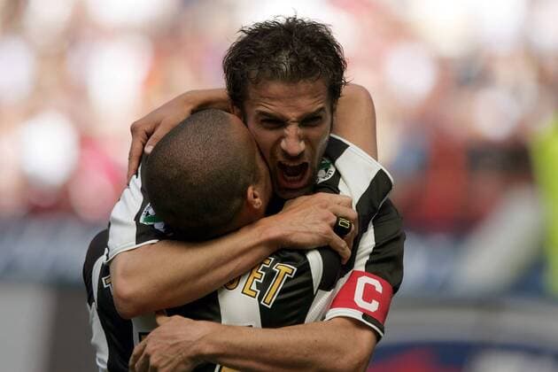 David Trezeguet (vorn) und Alessandro del Piero (beide Juventus) - Torjubel Fußball Herren Serie A 2004 2005, 1. Italienische Liga, Juventus Turin, Juve Gruppe Mailand Freude,