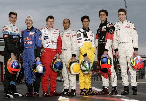 Vlnr.: Adrian Sutil (Deutschland ASM Mercedes), Sebastian Vettel (Deutschland ASL Mücke Mercedes), Hannes Neuhauser (Österreich HBR Mercedes), Lewis Hamilton (England ASM Mercedes), Lucas Tucci di Grassi (Brasilien Manor Mercedes)....... Motorsport Herren Formel 3 Euroserie 2005, Euroseries, Euro Series, F3, F Gruppe Spa Francorchamps