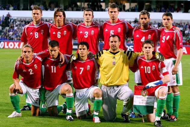 Mannschaftsbild Ungarn hi.v.li.: Otto Vincze, Gabor Vincze, Vilmos Vanczak, Peter Stark, Zsolt Balog, Imre Szabics; vorn: Laszlo Bodnar, Szabolcs Huszti, Tamas Hajnal, Torwart Gabor Kiraly und Zoltan Gera Fußball Länderspiel Herren Länderspiel 2005, Freundschaftsspiel, Test, Testspiel, Nationalmannschaft, Nationalteam, Vdig Totale pan9612 Metz