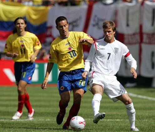 David Beckham (re., England) gegen Luis Gabriel Rey (Kolumbien) - (Icon9182359) Fußball Länderspiel Herren Länderspiel 2005, Freundschaftsspiel, Test, Testspiel, Nationalmannschaft, Nationalteam, Vdig Gruppe East Rutherford Dynamik, EDITORIAL USE ONLY