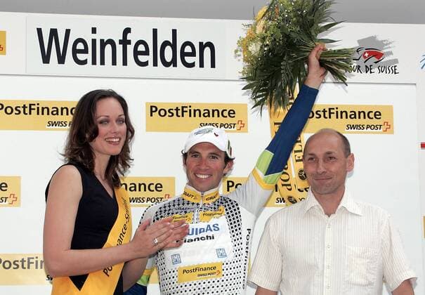 Michael Albasini (Schweiz Liquigas Bianchi, Mitte) - Siegerehrung nach der 1. Etappe der Tour de Suisse Radsport Herren Tour de Suisse 2005, Straßenradsport, Straße, Rad, ProTour Gruppe 1. Etappe: Schaffhausen - Weinfelden Freude,