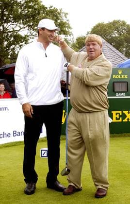 Wladimir Klitschko (Ukraine, li.) bei einem Pro Am Turnier der Deutsche Bank Players Championship of Europe mit Profigolfer John Daly (USA) Boxen Herren Deutsche Bank Players Championship of Europe 2005, Golfen, Golf, Boxsport, Profiboxen Gruppe ProAm, Pro Am Turnier Hamburg
