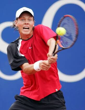 Tomas Berdych (Tschechien) - beidhändige Rückhand Tennis Herren Mercedes Cup 2005, Weißenhof, ATP Tour Einzelbild Weissenhof Stuttgart Dynamik,