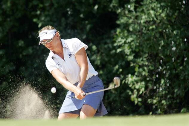 Annika Sörenstam (Schweden) - Bunkerspiel Golf Damen Evian Masters 2005, LPGA Tour, Frauengolf, Frauen, Golfen Einzelbild pan10229 Evian les Bains Dynamik,  