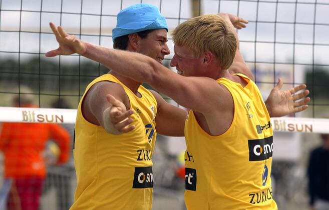 Jan Günther (re.) und Sebastian Prüsener (beide Deutschland) jubeln Beachvolleyball Herren Zürich Masters 2005, Zurich, Zuerich, Beach Gruppe St. Peter Ording Freude,