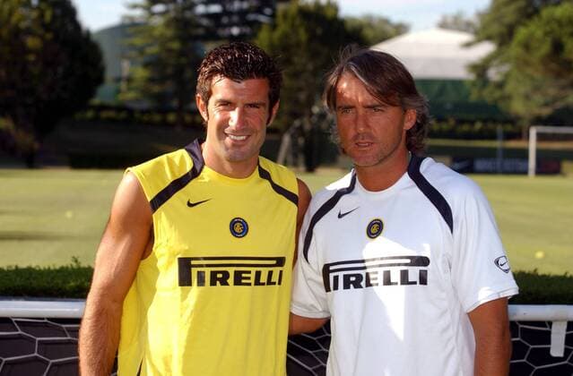 Luis Figo (li.) und Trainer Roberto Mancini (beide Inter) Fußball Herren Serie A 2005 2006, 1. Italienische Liga, Vorstellung, Präsentation, Pressetermin Gruppe Mailand