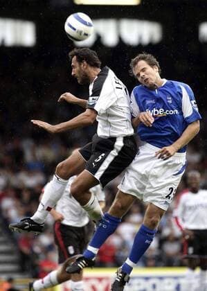Sylvain Legwinski (Fulham, li.) gegen Stephen Clemence (Birmingham) im Kopfballduell -  Fußball Herren English Premier League 2005 2006, 1. Englische Liga, FC Fulham - Birmingham City 0:0 Gruppe London