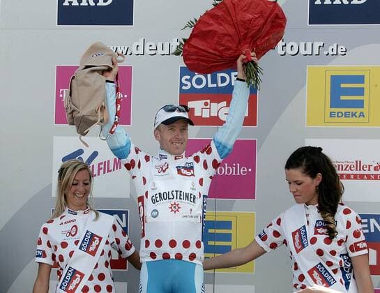 Levi Leipheimer (USA Gerolsteiner) im Trikot des Führenden der Bergwertung Radsport Herren Deutschland Tour 2005, Straßenradsport, Straße, Rad, Deutschlandtour, Rundfahrt, ProTour Gruppe 4. Etappe Kufstein - Sölden