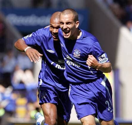 Torschütze Marcus Bent (li.) und Leon Osman (beide Everton) - Torjubel -  Fußball Herren English Premier League 2005 2006, 1. Englische Liga, FC Everton Gruppe Bolton Freude, Begeisterung,