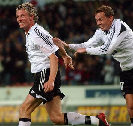 Jan Gunnar Solli (li.) und Öyvind Storflor (beide Trondheim) - Torjubel -  Fußball EC 1 Herren Champions League Qualifikation 2005 2006, Rosenborg Trondheim BK Gruppe Trondheim Freude, Begeisterung,