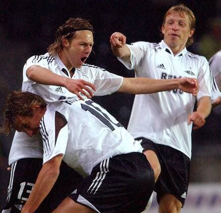 Torschütze Alexander Ödegaard (li), Vidar Riseth (Mitte) und Örjan Berg (alle Trondheim) - Torjubel -  Fußball EC 1 Herren Champions League Qualifikation 2005 2006, Rosenborg Trondheim BK Gruppe Trondheim Freude, Begeisterung,