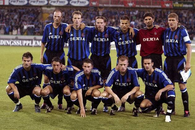 Mannschaftsbild FC Brügge, hi.v.li.: Philippe Clement, Joos Valgaeren, Sven Vermant, Michael Klukowski, Torwart Tomislav Butina, Gert Verheyen; vorn: Ivan Leko, Gaetan Englebert, Gunther Vanaudenaerde, Birger Maertens...-  Fußball Herren Champions League Qualifikation, 2005 2006, Jupiler League, 1. Belgische Liga, Club Brügge KV, Vdig Totale Brügge