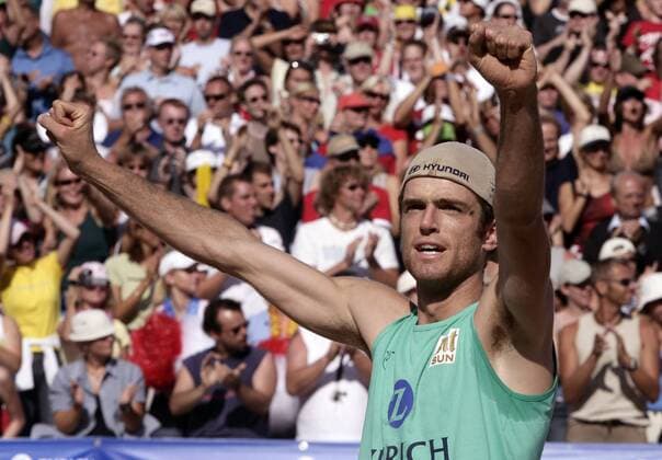 Markus Dieckmann (Moerser SC Deutschland) jubelt Beachvolleyball LM Herren Deutsche Meisterschaft 2005, Landesmeisterschaft, DM, Zürich, Zurich, Zuerich, Beach Einzelbild Timmendorfer Strand Timmendorf Begeisterung, Freude,