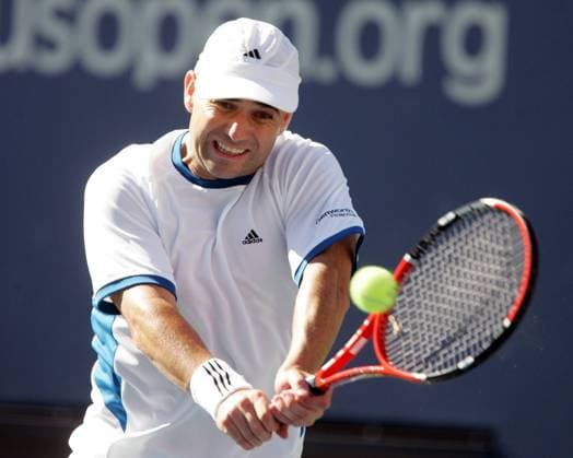 Andre Agassi (USA) - beidhändige Rückhand Tennis Herren US Open 2005, Grand Slam, ATP Tour Einzelbild Flushing Meadow, Meadows New York, NY, N.Y., N Y Dynamik,