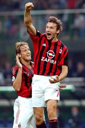 Andriy Shevchenko (re.) und Massimo Ambrosini (beide Milan) - Torjubel Fußball Herren Serie A 2005 2006, 1. Italienische Liga, AC Mailand Gruppe Mailand Freude, Begeisterung,