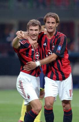 Andriy Shevchenko (li.) jubelt mit Alberto Gilardino (beide Milan) Fußball EC 1 Herren Champions League 2005 2006, AC Mailand Gruppe Mailand Freude,