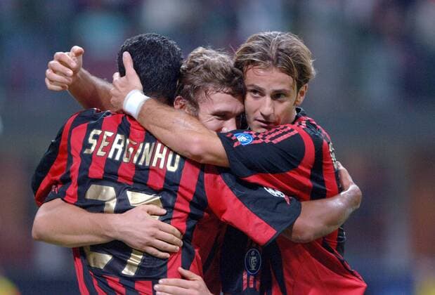 Torjubel Milan, v.re.: Alberto Gilardino, Andriy Shevchenko und Serginho Fußball EC 1 Herren Champions League 2005 2006, AC Mailand Gruppe Mailand Freude,