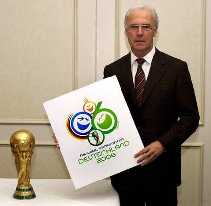 OK Präsident Franz Beckenbauer (Deutschland) stellt das offizielle Logo der WM 2006 vor, daneben der Weltmeisterschaftspokal Fußball WM Herren Vorschau 2002 Weltmeisterschaft 2006, Vorstellung, Präsentation, Pressetermin, Vdig Einzelbild Gelsenkirchen