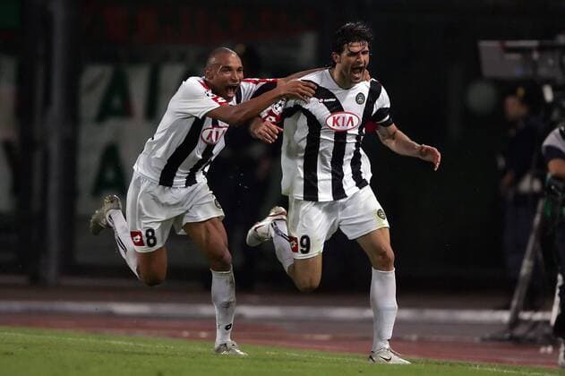 Vincenzo Iaquinta (re.) und Jose Vidigal (beide Udine) - Torjubel Fußball EC 1 Herren Champions League 2005 2006, Udinese Calcio, Serie A, 1. Italienische Liga, Gruppe Udine Dynamik, Freude, Begeisterung,