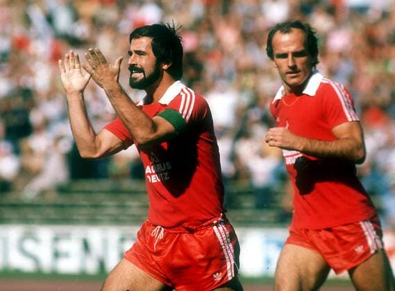 Gerd Müller (li.) jubelt, daneben Branko Oblak (beide Bayern) Fußball 1. BL Herren Saison 1978 1979, FC Bayern München Gruppe München Glück, Freude,