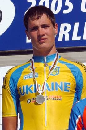 Dmytro Grabovsky (Ukraine) während der Siegerehrung -  Radsport WM Herren Weltmeisterschaft 2005, Straßenradsport, Straße, Rad, Zeitfahren, Einzelzeitfahren, U 23, U23 Einzelbild Madrid