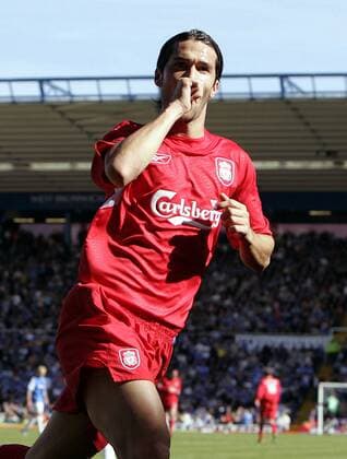 Torschütze Luis Garcia (Liverpool) küsst beim jubeln seine Faust - EDITORIAL USE ONLY. No use with unauthorised audio, video, data, fixture lists, club league logos or live services. Online in-match use limited to 120 images, no video emulation. No use in betting, games or single club league player publications. Fußball Herren English Premier League 2005 2006, 1. Englische Liga, FC Liverpool, Vdig Einzelbild Birmingham Freude,